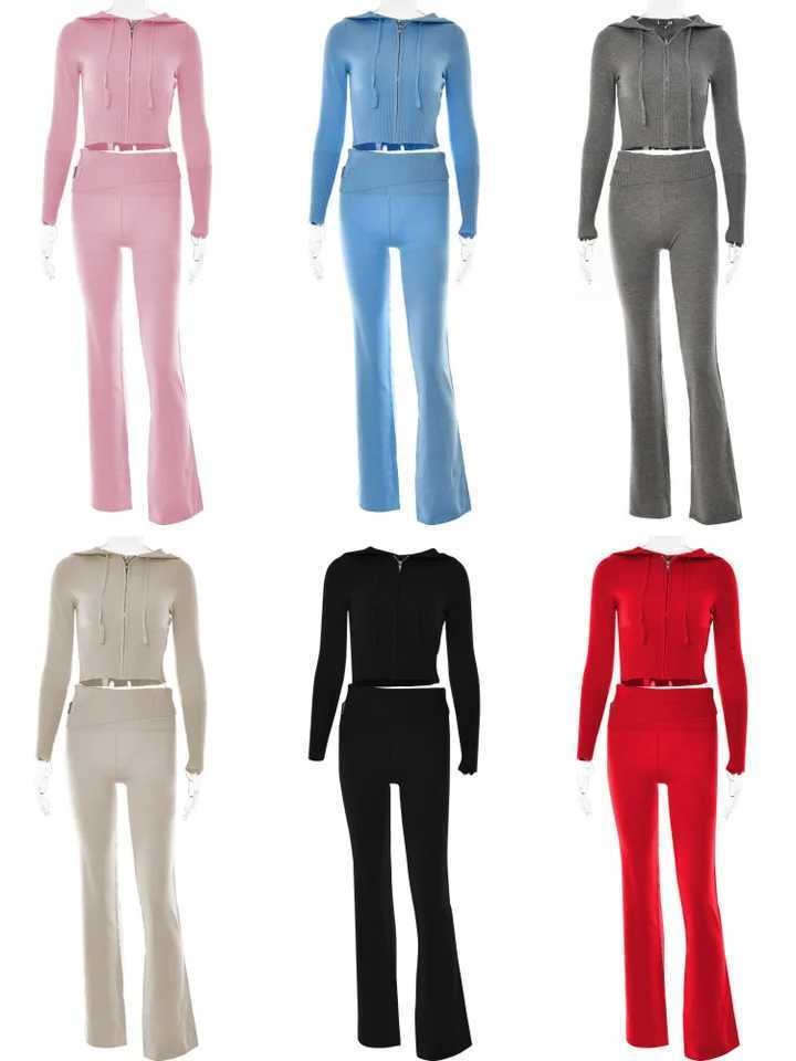 Apprabant Rib Knitted Two Piece Set Women Tracksuit Long Sleeve Zipper Hoodies Skinny Pants Sets Casual Solid Sweatshirt SuitsT251022