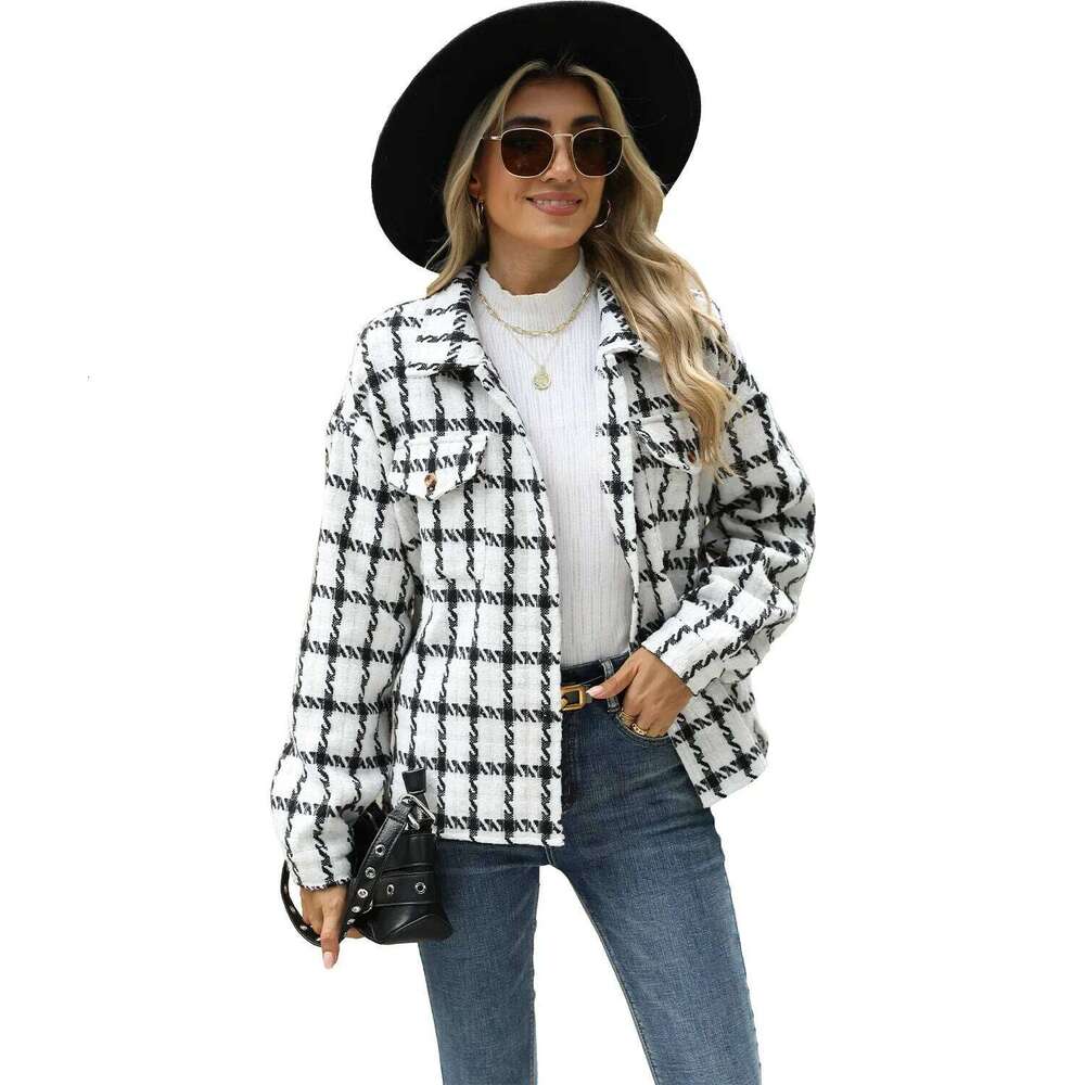 Women Blends Lapel Wool Cardigan Coats Plaid Single Breasted Office Lady Jacket Pockets Long Sleeve Outerwear Casual
