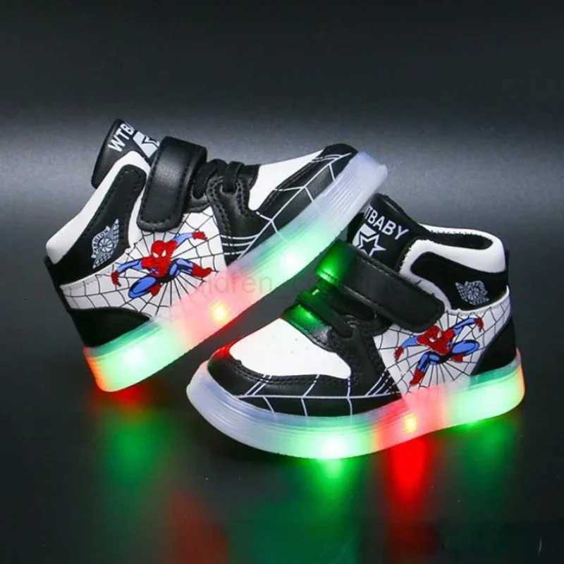Disney Childrens Led Light Shoes Fashion Design Spiderman Boys Sneakers Girls Cartoon Casual Shoes Breathable Kids Sport Shoes H251022