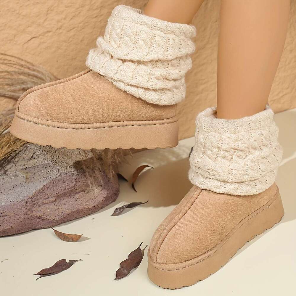 Women's Cozy Slip-On Mid-Calf Boots With Thick Platform Round Toe Cuff Soft Fabric Upper, Faux Cover Sole, Beige, Brown, Black - Perfect For Outd