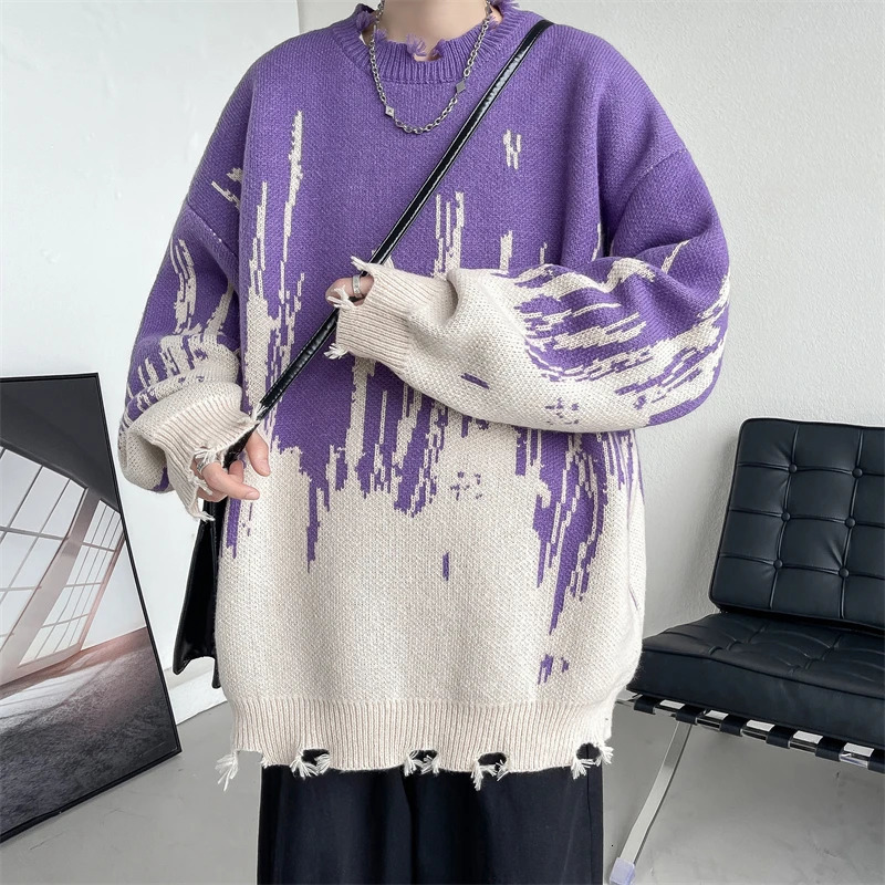 Hip Hop Ripped Punk Knitted Sweaters Men Oversized Harajuku Streetwear Sweaters Winter Couples Fashion Knit Pullovers Tops 251020