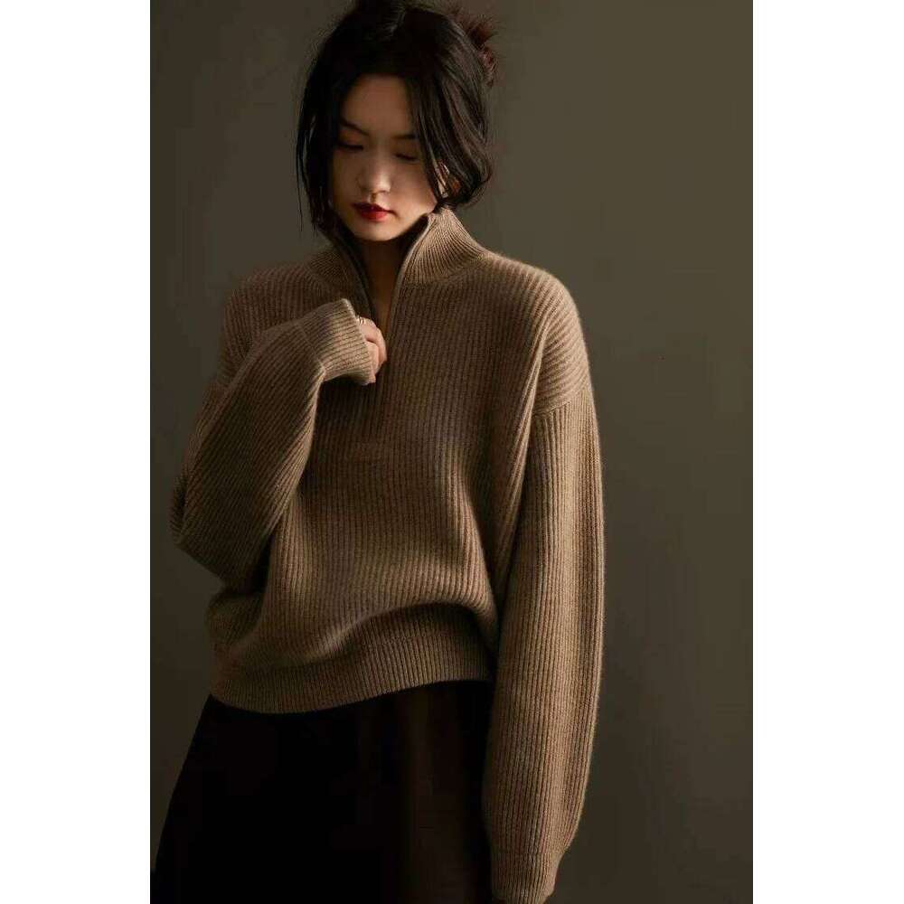 Women's Italian Craft 100% Pure Cashmere Half Zipper Stand Collar Thickened Loose Lapel Pullover Knitted Sweater 251022