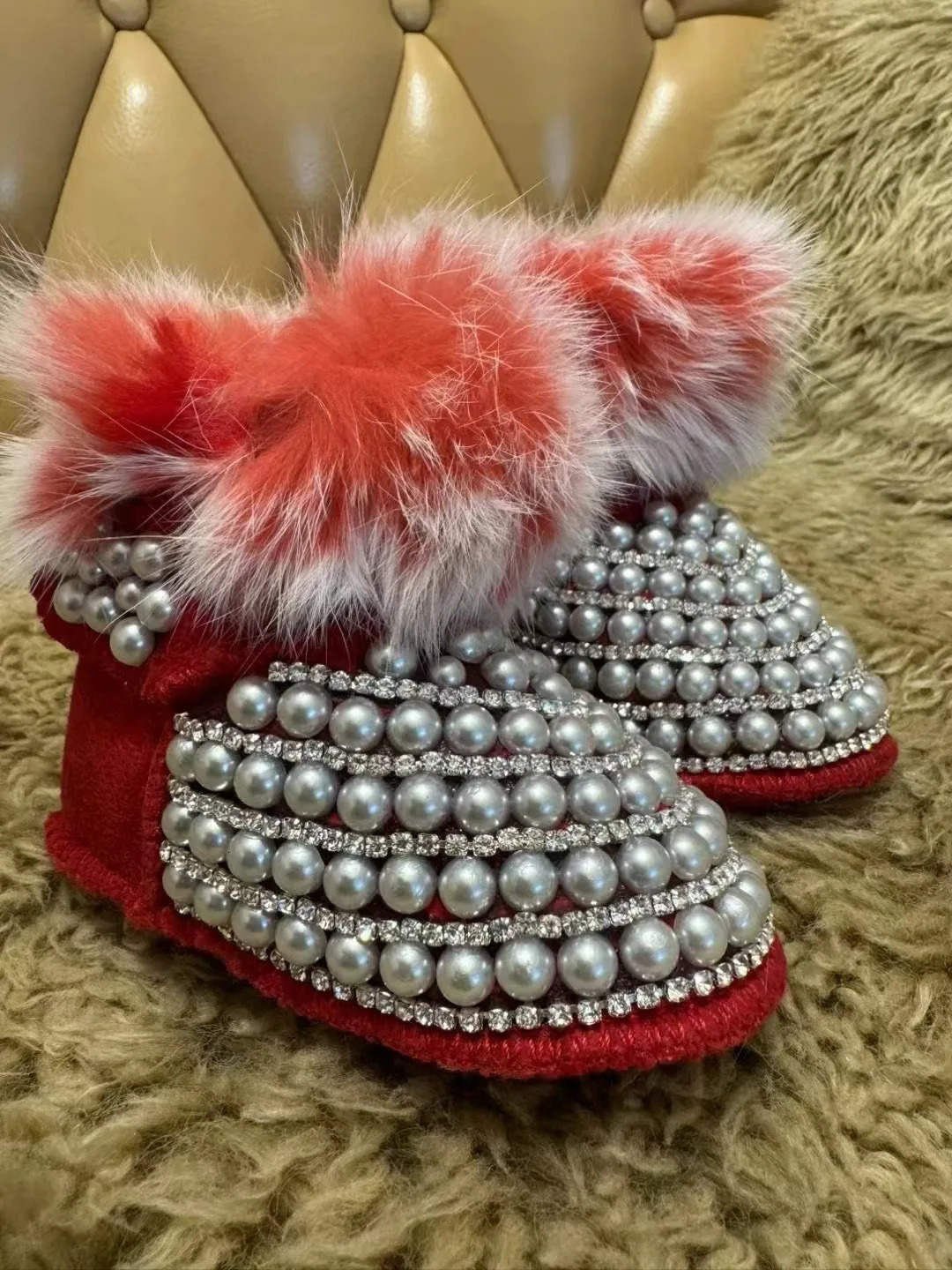 Rabbit Fur Handmade Shoes Crystal Baby Snow Boot Warm Furry First Walkers Slippers Infant Rhinestones Pearls Botties 251022