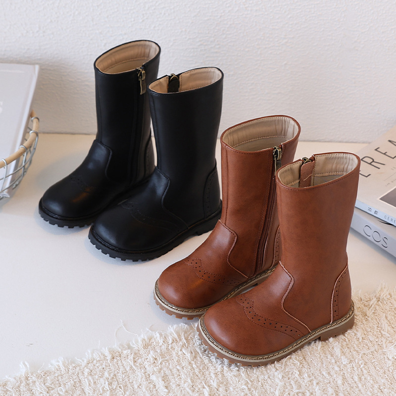 Designer Girl Long Boots for Girls Kids Black Brown PU Leather Toddler Cutefeet Children High Motorcycle Boots Sizes 24 - 35 US7.5-US3Y C1167