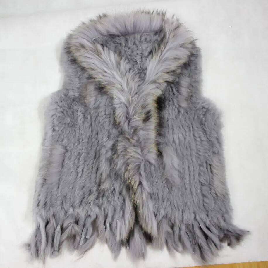 New Real ladies Genuine Knitted Rabbit Vest With Raccoon Trimming Waistcoat Winter Fur Jacket harppihop fur