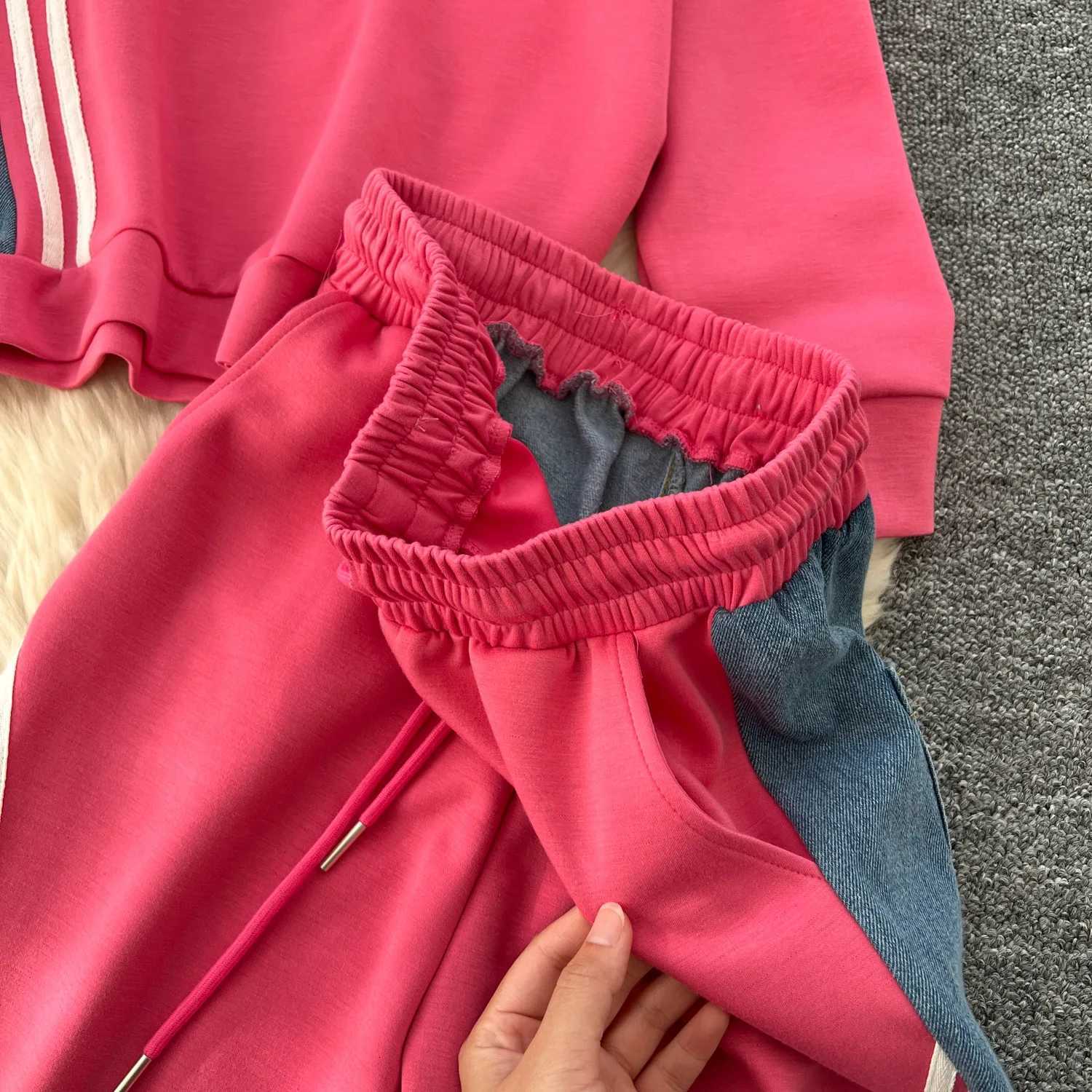 Pant Set Women Two Piece Sets Round Neck Matching Sets Sweatshirts Denim Splice Y2k Tops Casual Loose Long Pants High WaistT251022