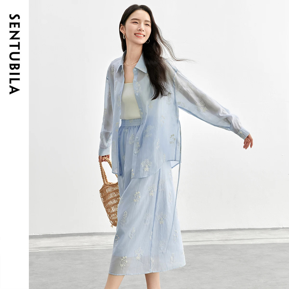 SENTUBILA Shirt Skirt Sets Women Outfit Loose Embroidery Lace Up Shirt Elastic Waist Skirt Lyocell Match Sets 151Z58161 251014