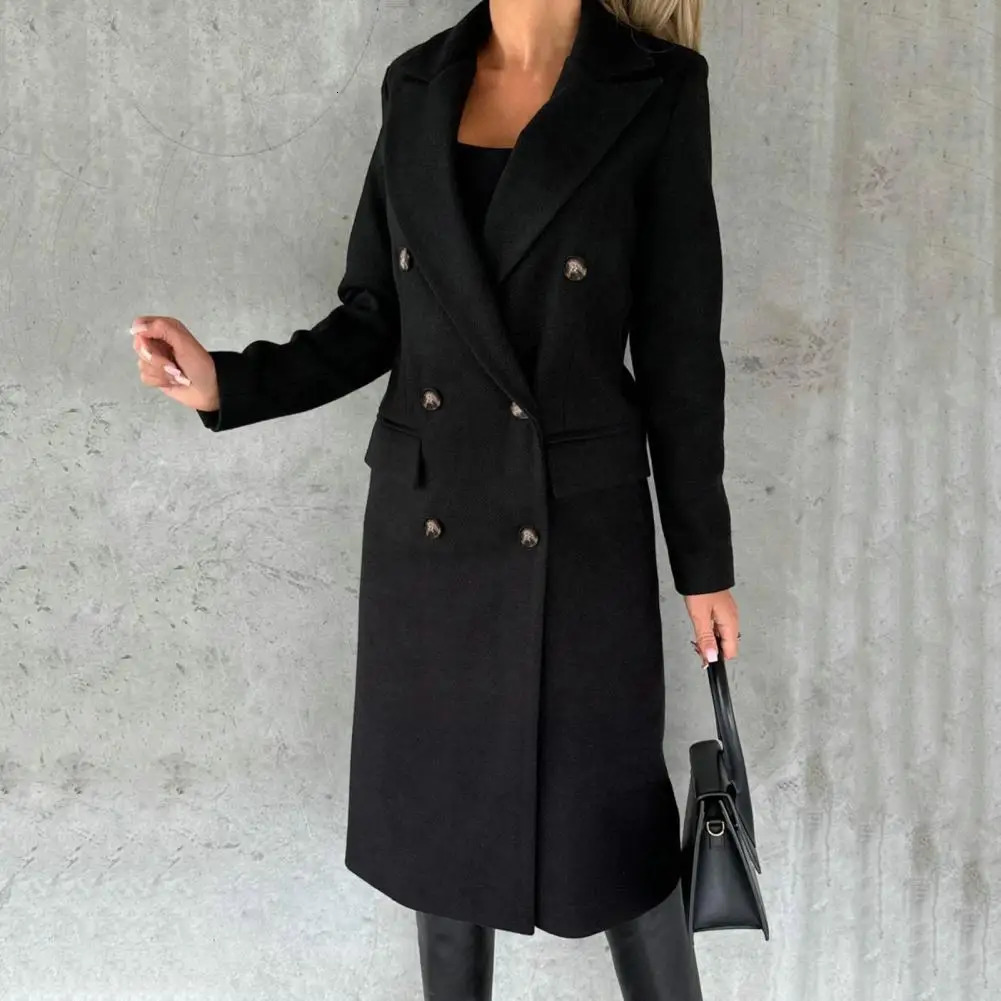 Autumn Winter Women Woolen Coat Solid Color Turndown Collar Buttons Lady Long Jacket Double Breasted Calflength Female Overcoat 251020