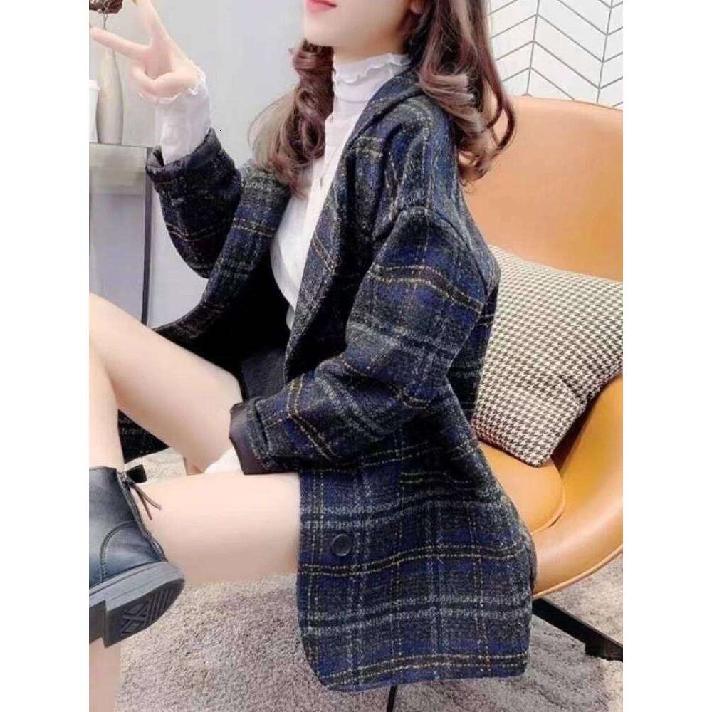 Tweed Blends Women Elegant Fashion Korean Autumn Winter Coat Streetwear Casual Slouchy Plaid Aesthetic Clothing Outwear Womens