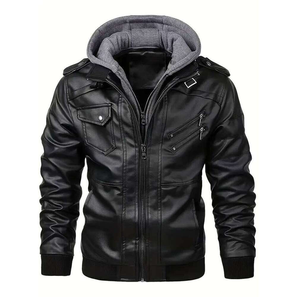 Man Casual Fashion Motorcycle Slim Fit Lapel PU Jackets Autumn Anti-Wind Leather Coat Male