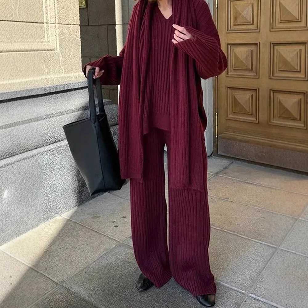 Women Tracksuit Knitted Sweaters Matching Sets Full Length Wide Leg Trousers V Neck Jumpers Three Pieces Scarf Casual SolidT251022