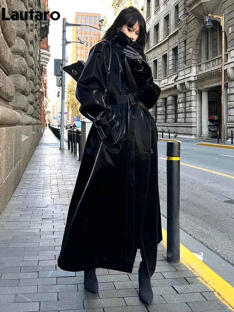 Lautaro Spring Autumn Extra Long Oversized Cool Reflective Shiny Black Patent Leather Trench Coat for Women Belt Runway Fashion 251017