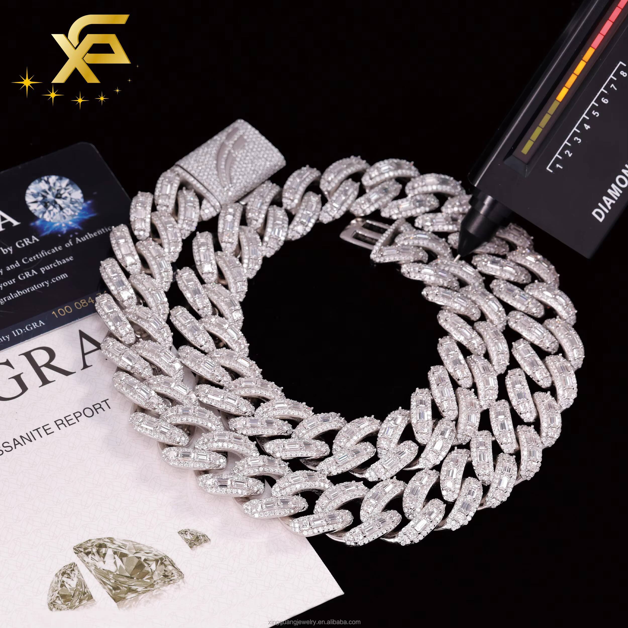 Hip Hop 20mm 18mm Wide Necklace Baguette Moissanite Diamond Heavy Silver Gold Plated Cuban Lidynamic Chain with GRA Certificate