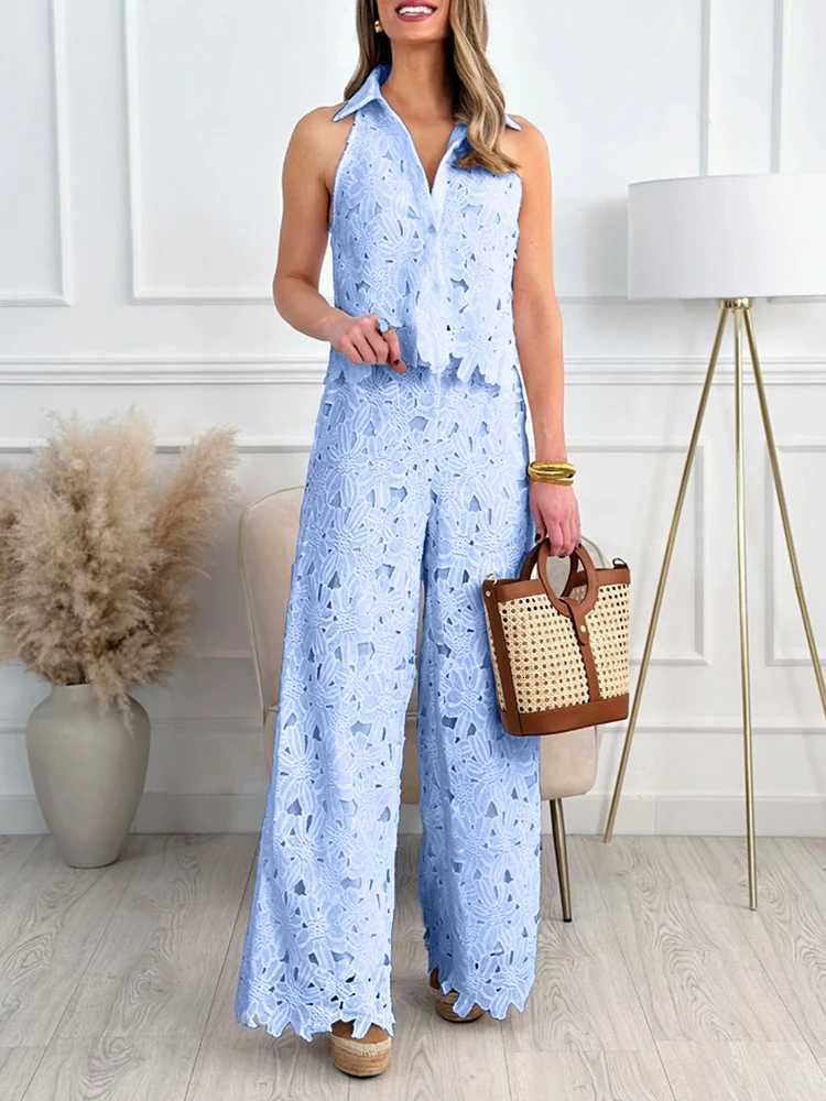 Summer Set Woman Hollow Out Shirt Pants Set Lace Fabric Casual Sleeveless Vest Two Piece Pants Set Wholesale DropshippingT251022