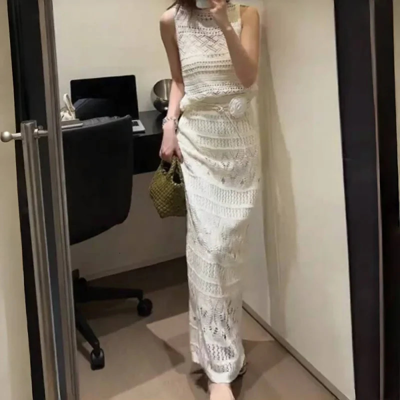 Summer Korean Knitted Lace Hollow out Vest Set Pure Desire Long Skirt Two Piece Set Floor Length Evening Gown 251020