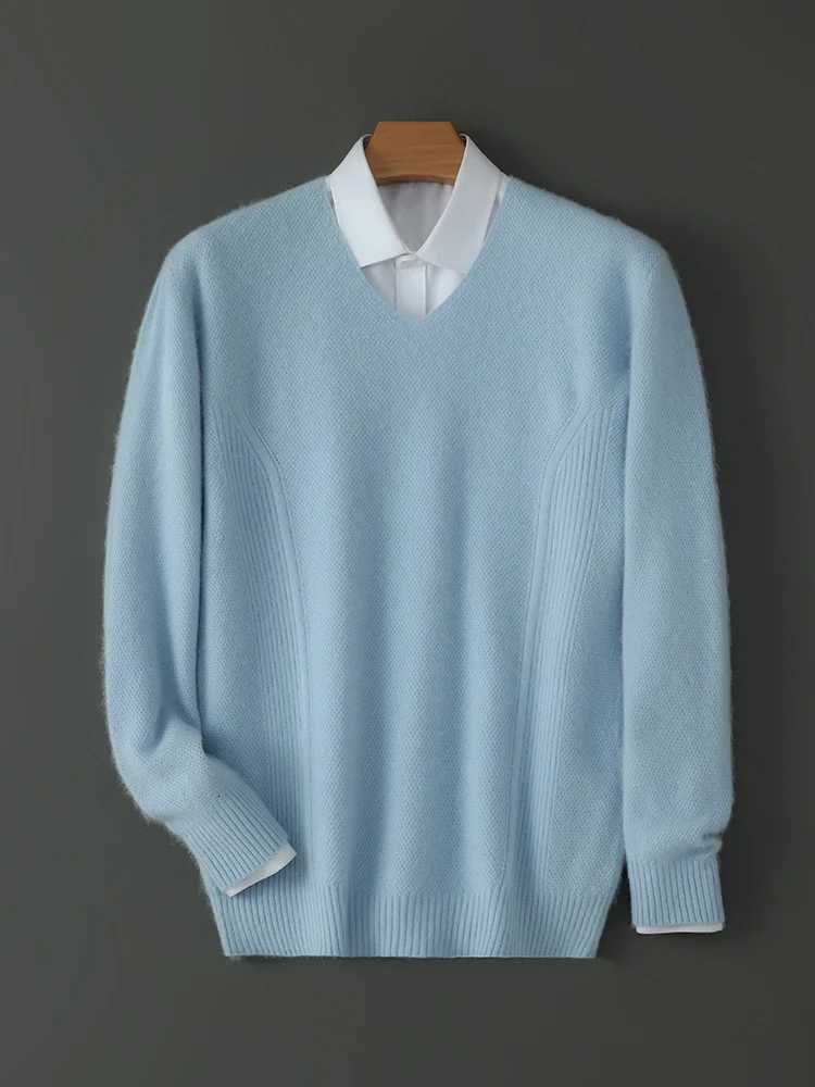 ANGEL 100 Mink Cashmere Mens Vneck Sweater Long Sleeve Pullover 2024 Autumn Winter Knitted Casual Loose Jacket Soft Warm TopsXJ251022