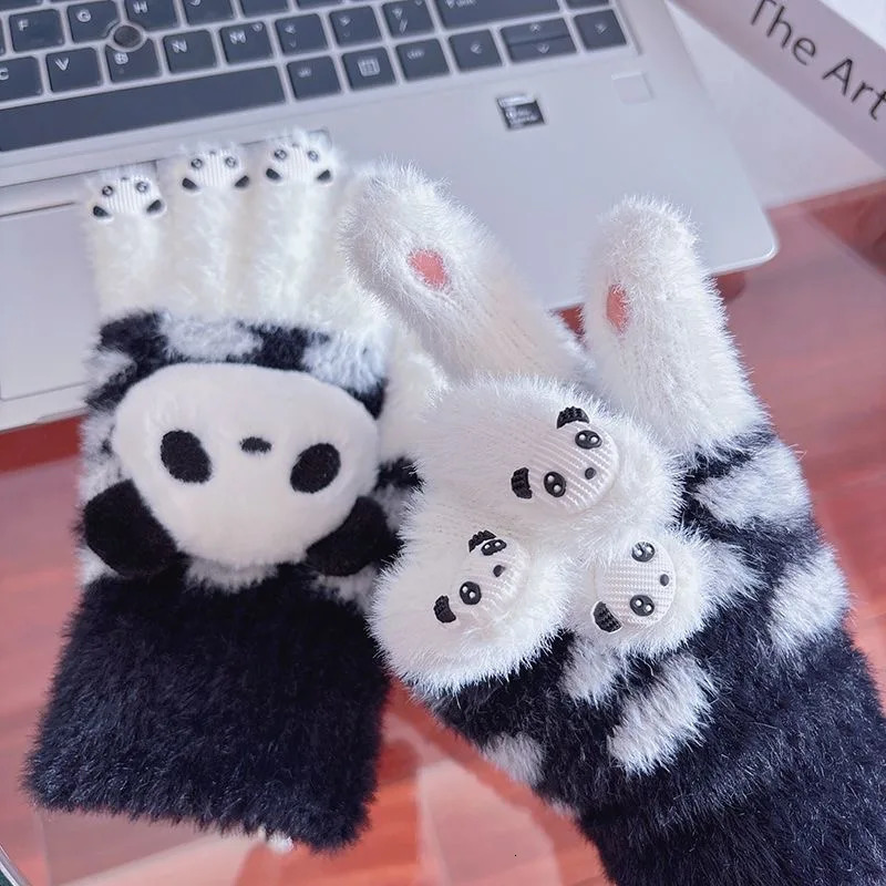 1 Pair Womens Winter Black White Y2K Kawaii Panda Knitted Gloves Open Toe Scratch Mobile Phone Texture Warm Lolita Gloves 251021