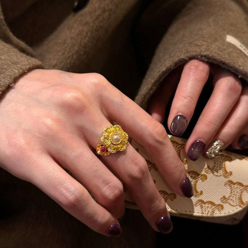 Blooming Flowers Small Gold Flower Pearl Ancient Method New Chinese Style Fortune Lotus Ring