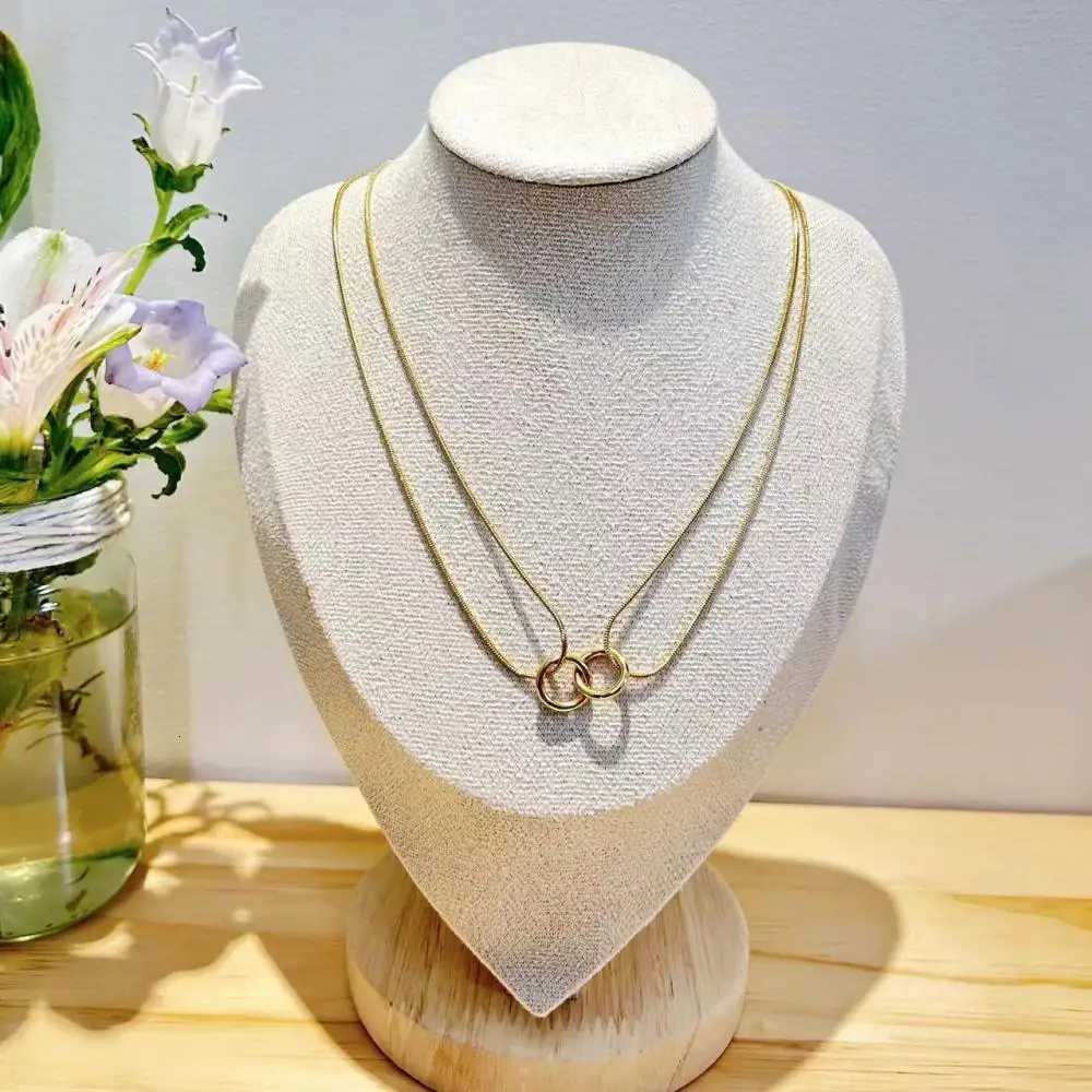Stainless Steel Double Layer Two Rings Pendant Necklace For Women Gold Color Personality Sweater Chain Party Jewelry Gift New V251022