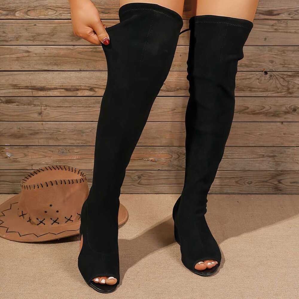 Stretch Boots With Chunky Heel, Peep Toe, And Heel Sandals For Casual Style, Hand Wash Or