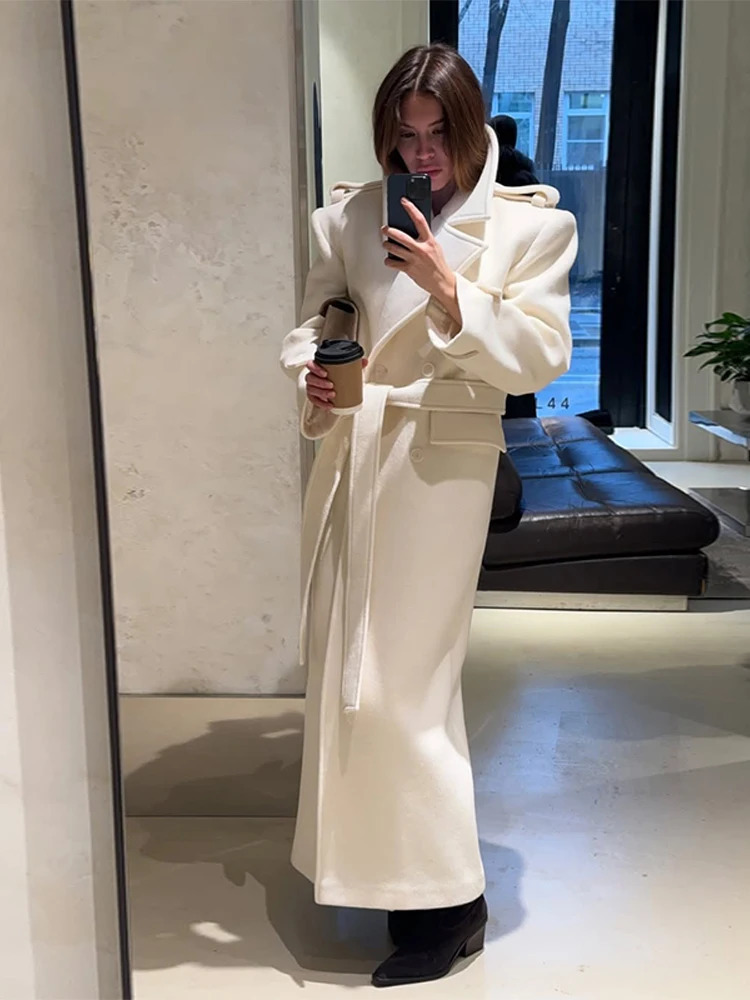 Elegant Solid Lace Up Overcoat Women Fashion Doublebreasted Wool Pockets Long Coats Autumn Winter High Street Outerwears 251020