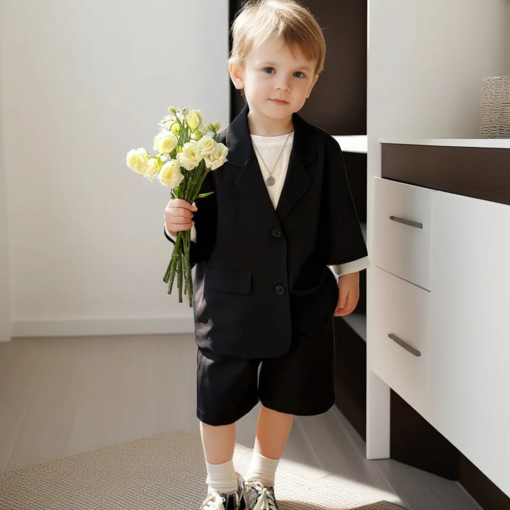 Boys Summer Suit Set Korean Style Black Short Sleeve Blazer Shorts Outfit 2Piece Casual Loose Formal Wear for Kids Age 38 Year 251021