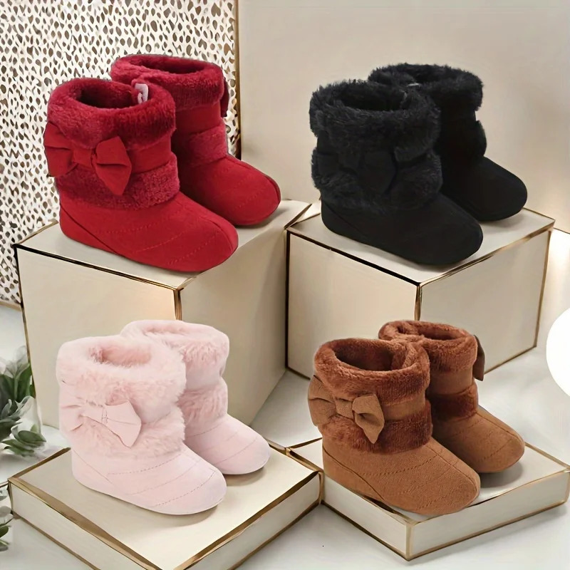 018M baby shoes Girls winter plush comfort snow boots cute bow cotton soft soled nonslip toddler 251022