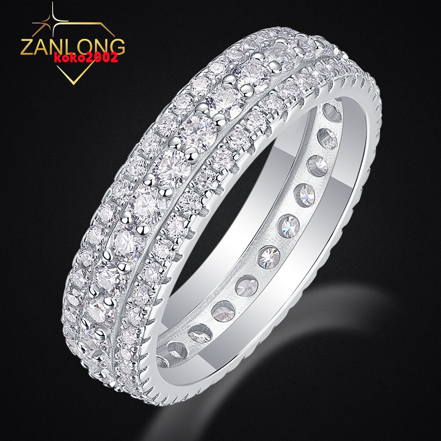 Zanlong 13251 d Color Vvs 18k Gold Plated Sterling Silver Three Row Men Women Full Eternity Stone Irregular Ring Moissanite Band