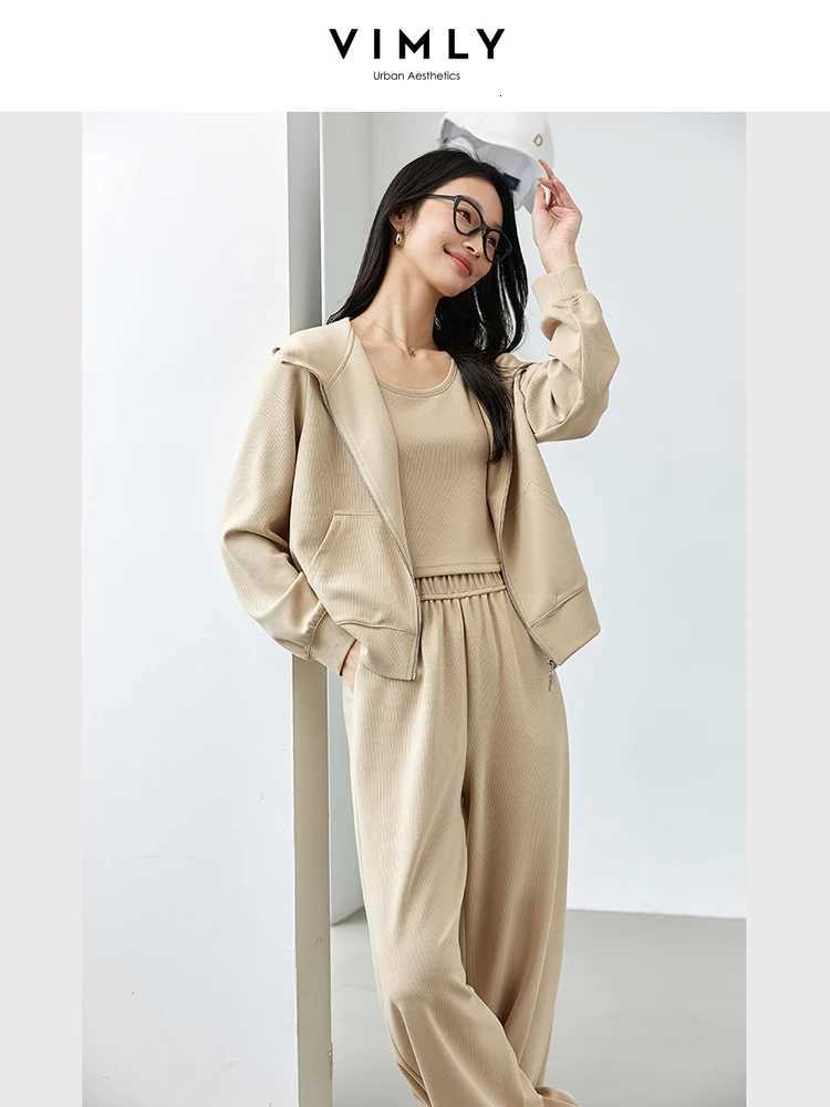 VIMLY Women 2025 Autumn Sporty SweatshirtsVest Pants 3Pcs Suit Office Lady Outfits Casual Sets Ladies Simple Tracksuit A0305T251022