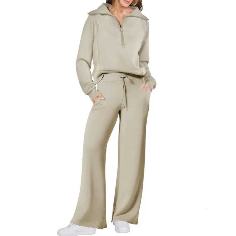 Solid Twopiece set Women Fashion Long Sleeve Zipper Sweater Pullover Tie up Pocket Wide Leg Pant Suit Loose Casual Sport SetsT251022