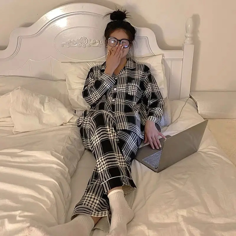 Plaid Christmas Pajamas Women Korean Sleepwear Autumn Pijamas Cute Clothes Pyjamas 2 Piece Pants Sets Loungewear Pj Suit 251020