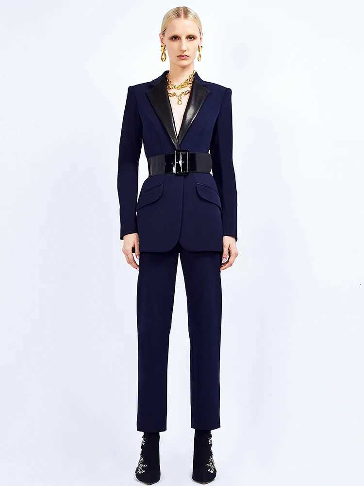 HIGH STREET Newest 2024 SS Runway Designer Suit Set Womens Leather Collar Belted Blazer Pencil Pants Set 2pcsT251022
