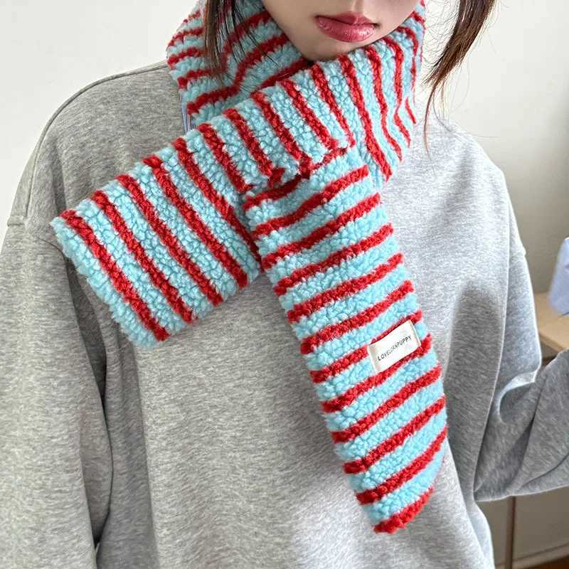 Korean Stylish Teddy Velvet Stripes Scarf Women Men Autumn Winter Warm Perforated Knitted Small Scarves Female Thermal Muffler J251022