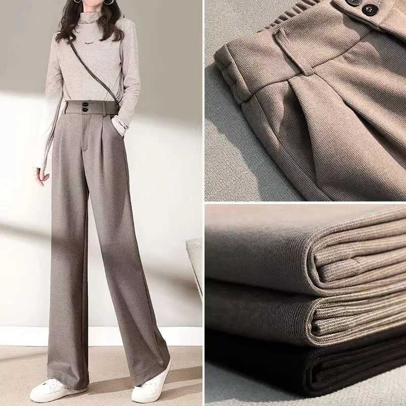 2024 Autumn Winter Women Concise Woolen Pants Lady Wide Leg Designer Outside Trousers Female Thicken High Waisted Draping PantsT251022