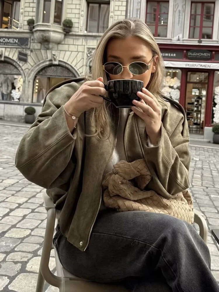 Vintage Women Green Oversize Bomber Jackets Fashion Ladies Elegant Loose Soft Outfits Jacket for Party Female Chic Clothes 251020