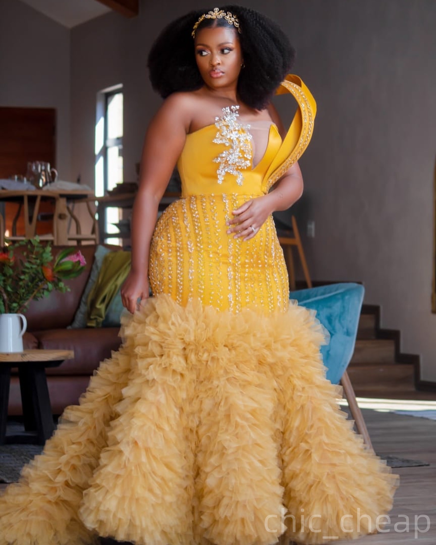 Yellow Mermaid Prom Dresses 2026 Crystals Sequined Detachable Train Evening Formal Party Second Birthday Engagement Gowns Plus Size Dress For Special 