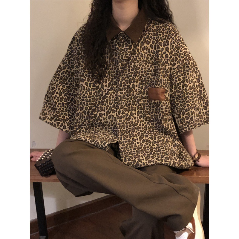 2025 New American Retro Loose Street Designer Leopard Pattern Short sleeved Shirt for Men and Women Couples