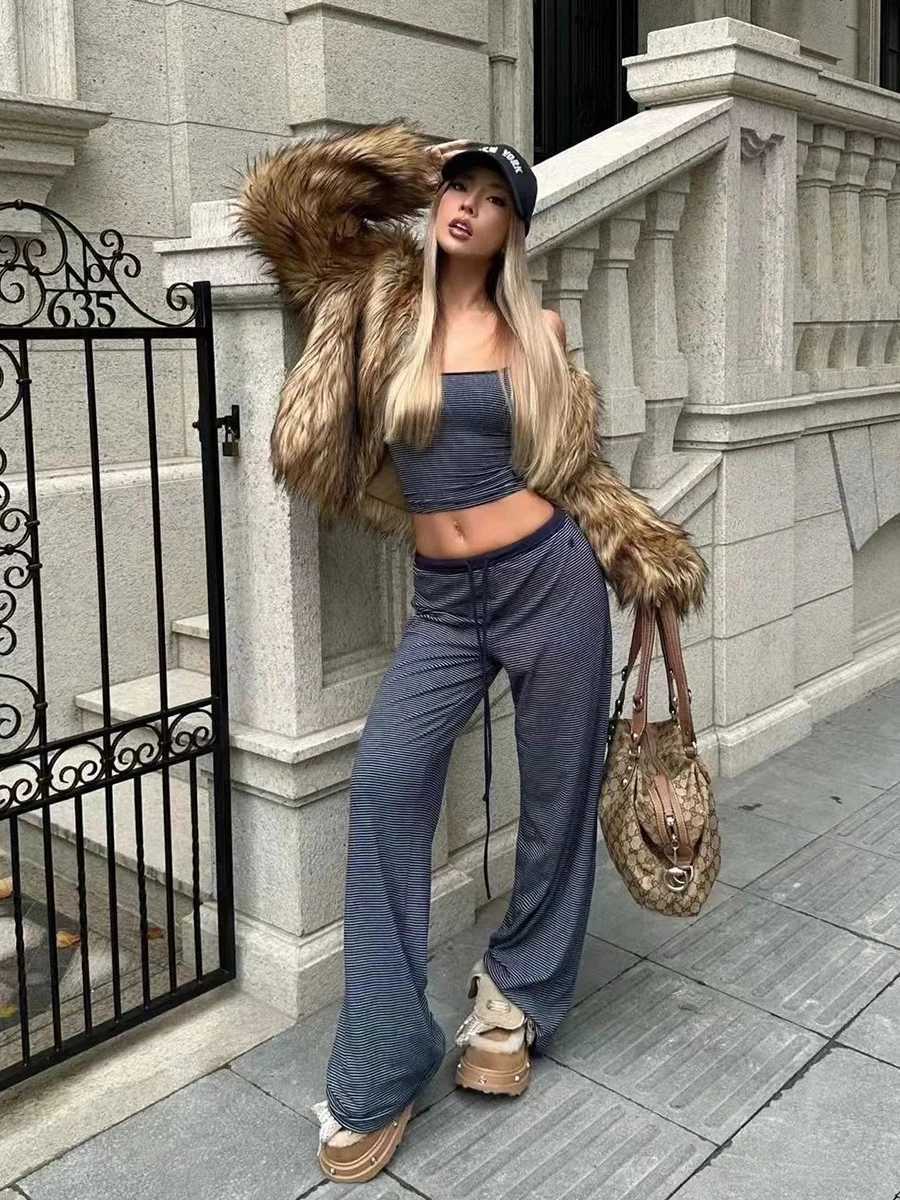 Navy Striped Cotton Tank Pant Set Women Summer Slim CamisoleDrawstring Straight Sweatpants Vintage Streetwear 2 Piece Sets Y2kT251022