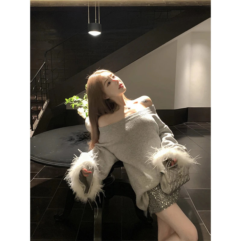 Elegant Slash Neck Sweater Women Fashion Faux Fur Patchwork Knitted Pullovers Korean Oversized Knitwears Winter Jumpers 251016