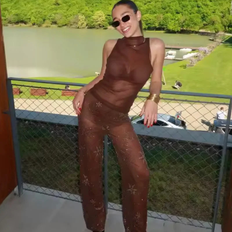 HXAO Womens Pants Spring Summer 2025 Beading Brown Trousers Sequins Translucent High Waist Pants Ladies Streetwear Casual Pants 251022