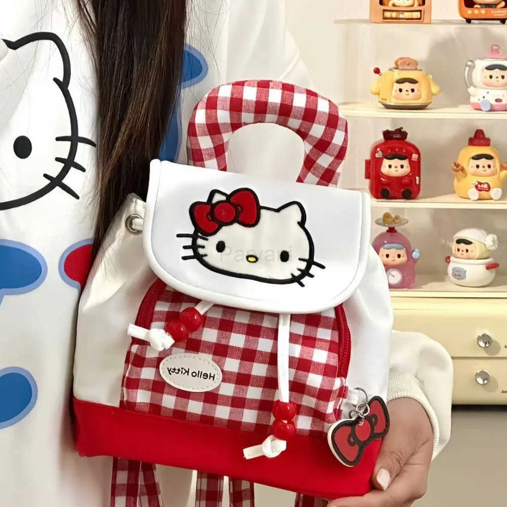 Sanrio Kawaii HelloKitty Girl Commuter Backpack Portable Drawstring Lid Red Checked Kt Cat College Style School Bag Textured Travel Bag L251022