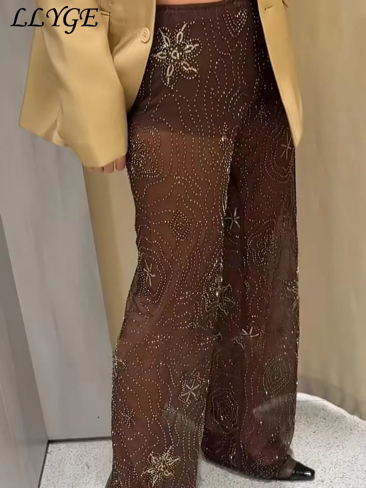 See Through Beaded Embroidery Pants Women Baggy Sexy Snowflake Sequined Wide Leg Trousers 2025 Spring Summer Lady Y2k Streetwear 251022
