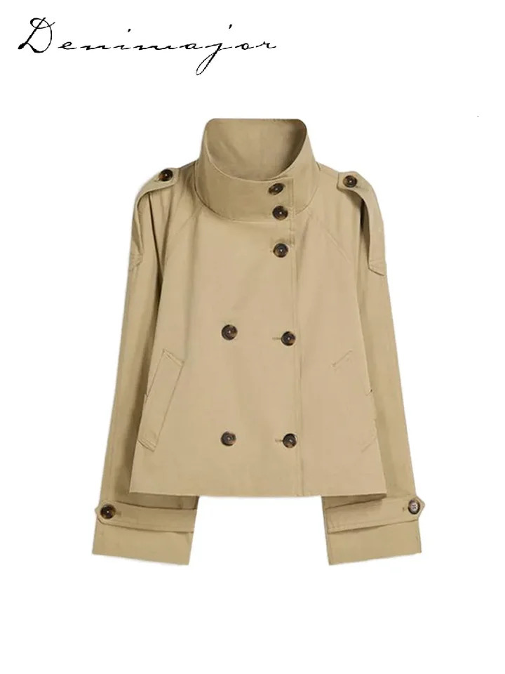 Street Womens Belt Cropped Trench Coat Elegant Stand Collar Double Breasted Long Sleeve Jacket Autumn Lady Commute Outwear 251021