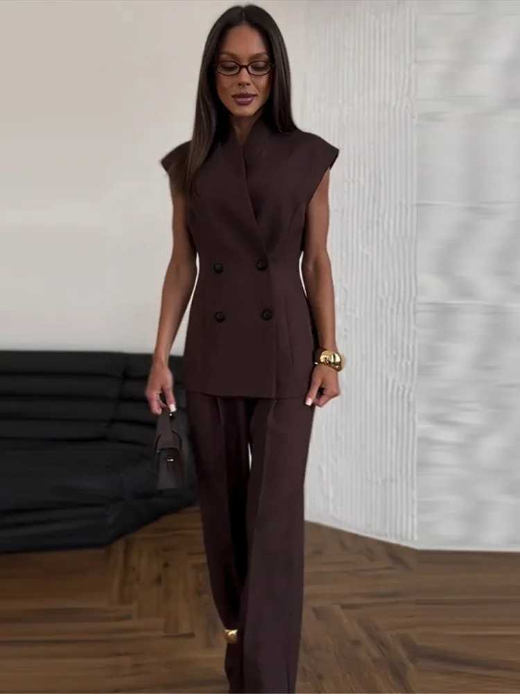 Elegant Solid Jacket Pants Set Women Sleeveless Double Breasted Stand Collar Top Straight High Waist Trousers Spring SuitT251022