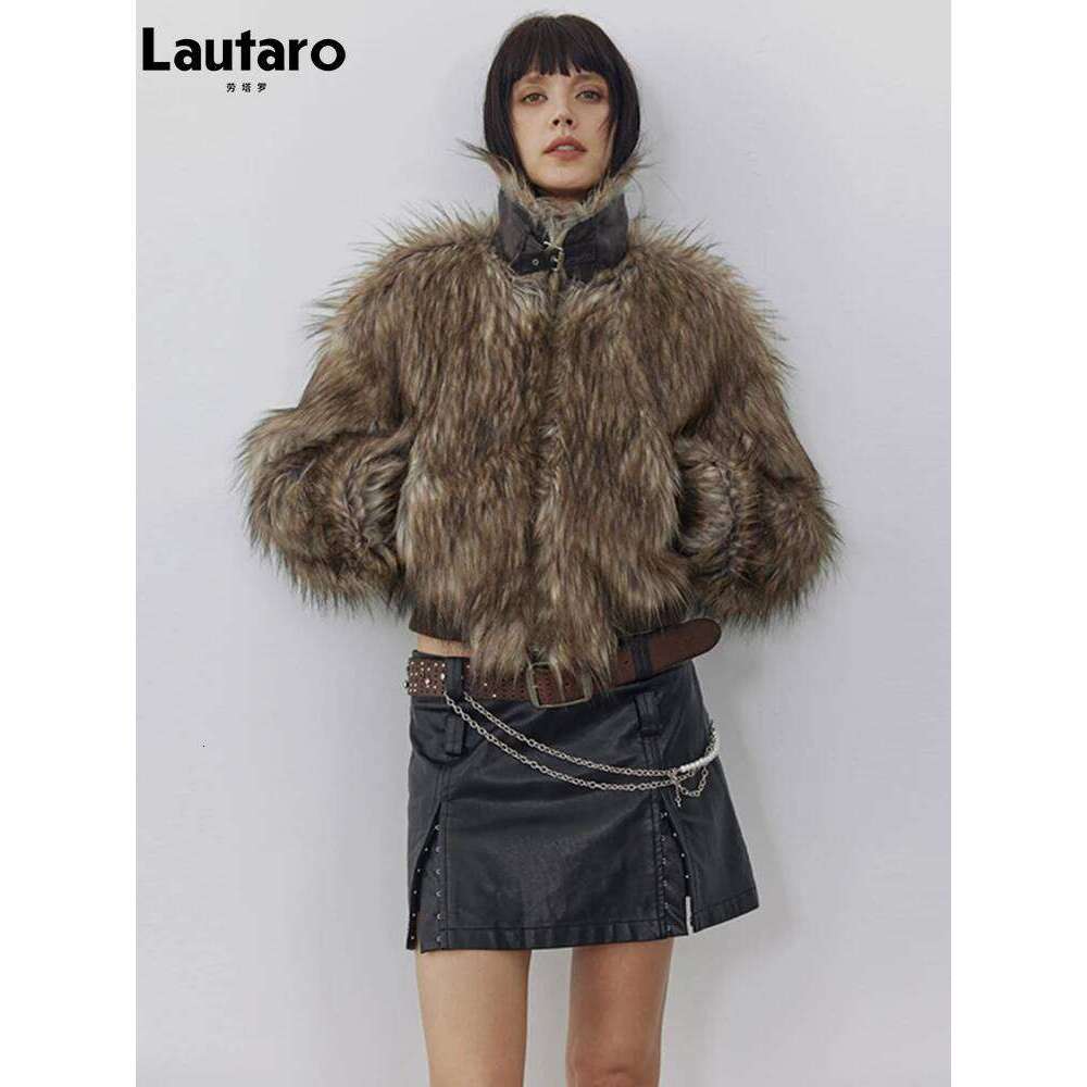 Lautaro Autumn Winter Short Warm Thick Hairy Shaggy Patchwork Faux Raccoon Dog Fur Coat Women Zipper Fluffy Jacket 2024