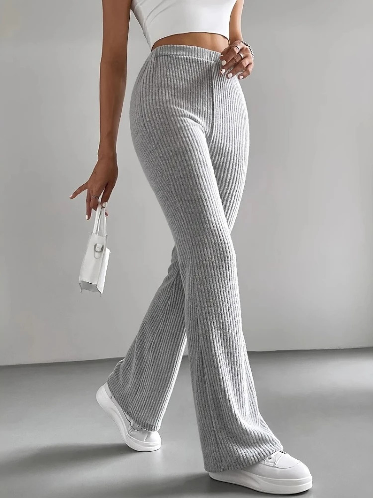 Spring Autumn Style Flared Pants for Women Solid Color Casual Ribbed Knit Fashionable Versatile Comfortable Trousers 251017