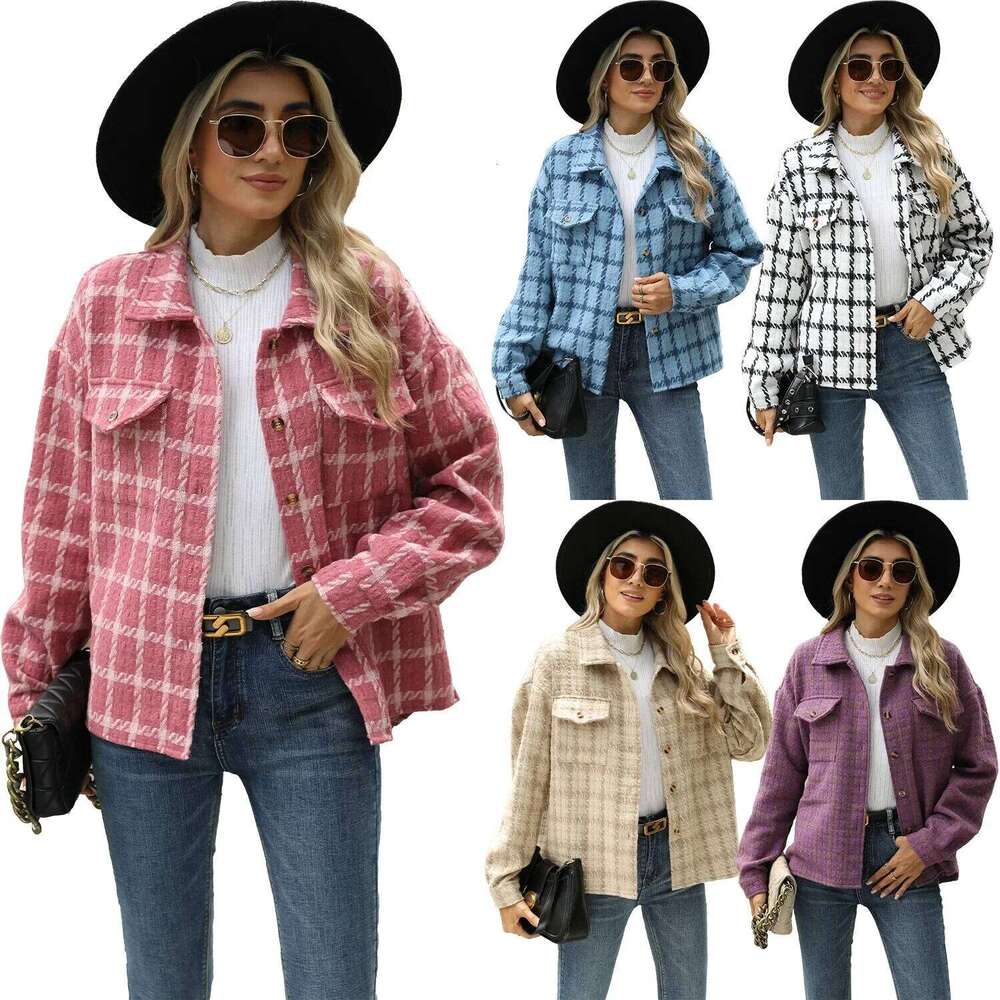 Women Blends Lapel Wool Cardigan Coats Plaid Single Breasted Office Lady Jacket Pockets Long Sleeve Outerwear Casual