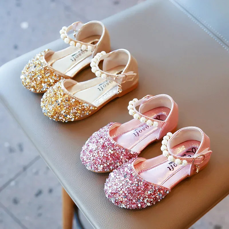 Girl Mary Janes Shoes Spring Autumn Sequins Beading Children School Student Sandals Toe 2136 Toddler Dance Kids Princess Flats 251021