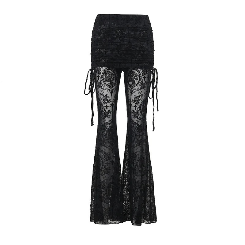 Gothic Dark Flocking Pants Women Streetwear Aesthetic Emo Alt Grunge See Through Laceup High Waist Flare Female 251017