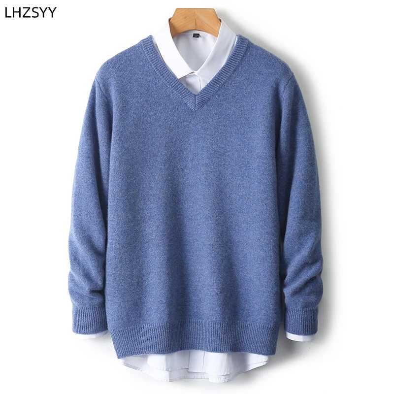 LHZSYY Mens VNeck Cashmere Sweater 23Autumn Winter New Thick Solid Pullovers Loose Knit Base Shirt Business Casual Jacket TopsXJ251022